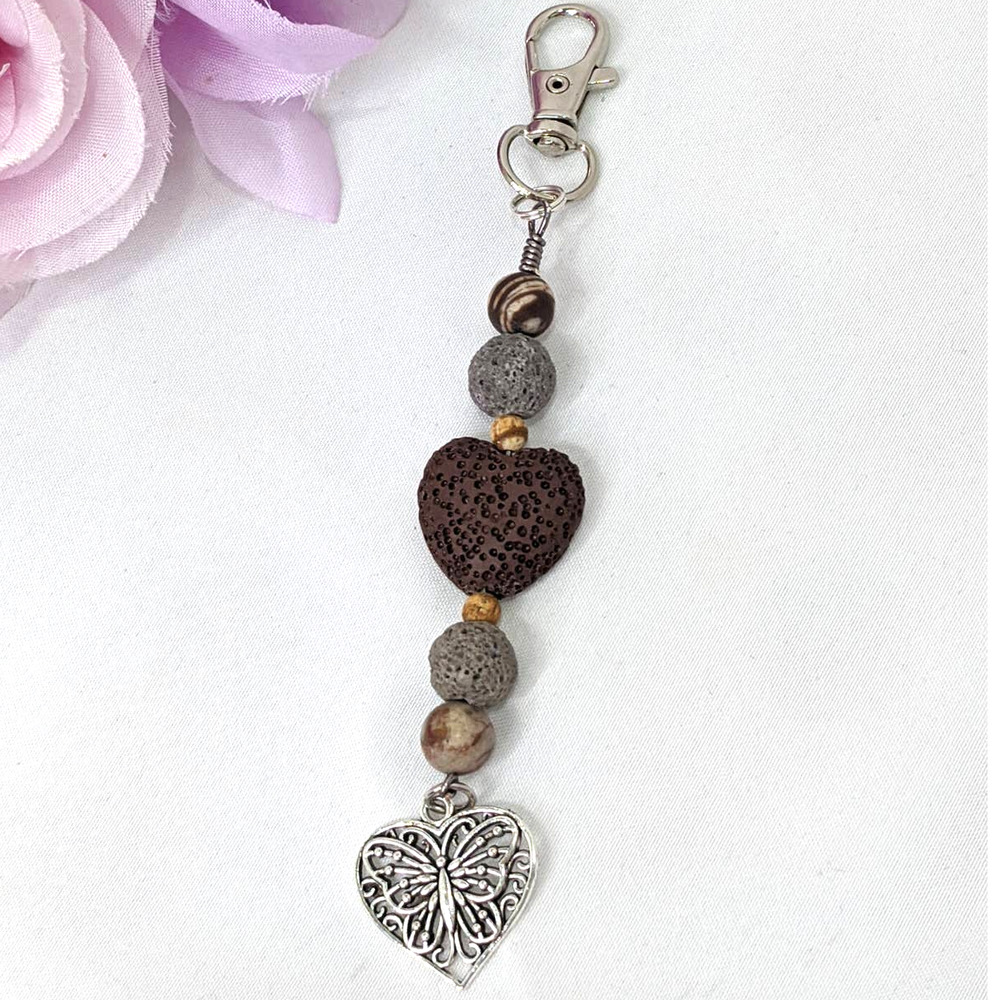 Hand Crafted Brown and Silver Heart Lava Stone Keychain - Picture 3 of 6
